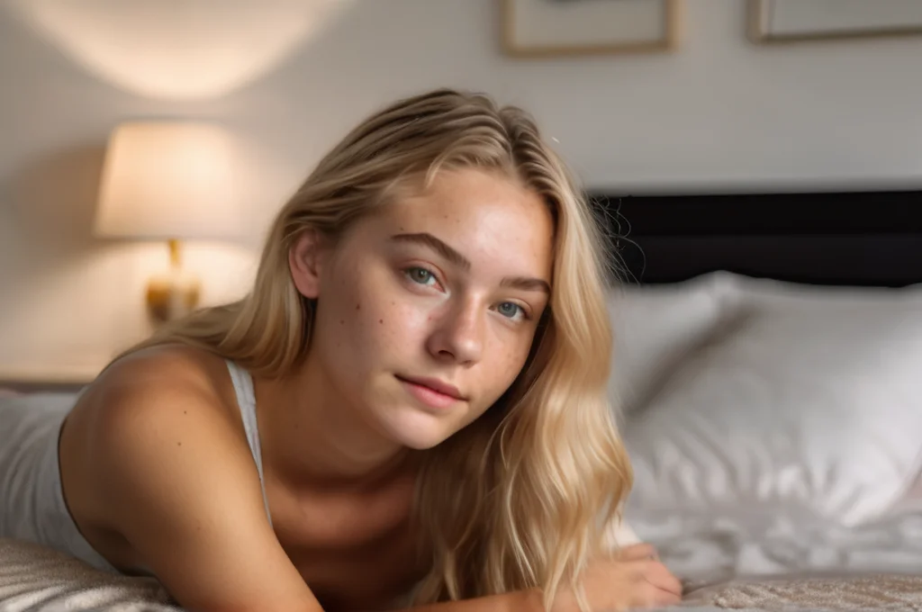 masterpiece, photorealistic, 18 yo and blonde woman sitting in front of me, realisitic skin with (freckles:0.5) dimples skin pores, Background sleeping room, 8k uhd, dslr, bright lighting, high quality, film grain, Fujifilm XT3, <lora:first_nsfw:1>