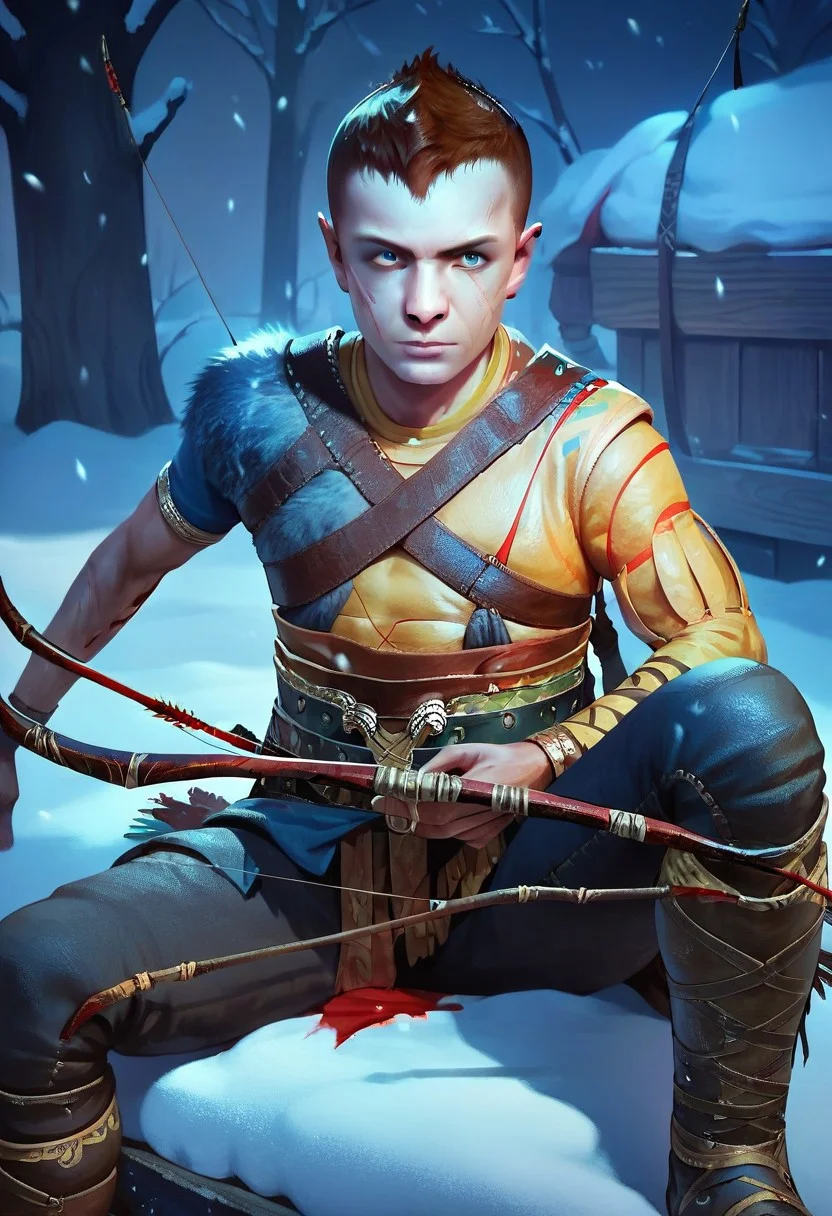score_9,score_8_up,score_7_up,source_anime, Atreus,solo,looking at viewer,1boy,holding,jewelry,sitting,male focus,weapon,boots,pants,sword,holding weapon,necklace,armor,blood,night,snow,snowing,bow \(weapon\),realistic,arrow \(projectile\),