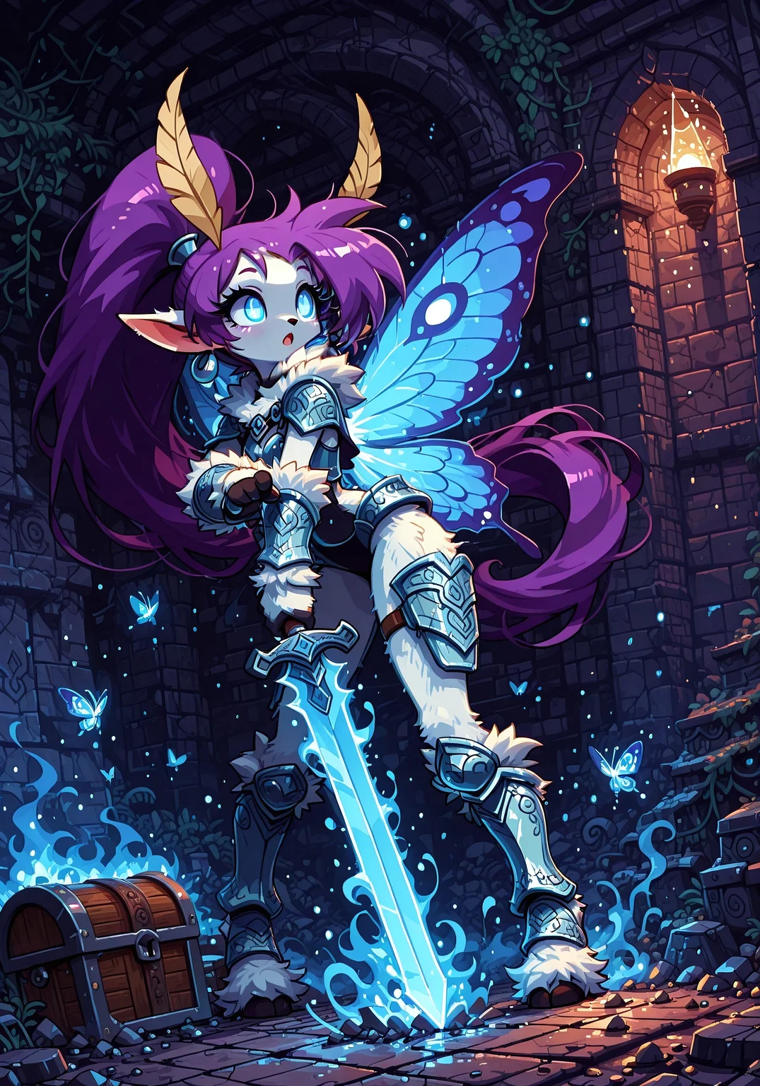 d3p1x3l, dpa,pixel art, screencap
BREAK
shantae, chibi, solo, 1girl, monster girl, furry, moth, black nose, purple hair, (white fur, fluffy fur, white body, white face), pointy ears, (glowing blue eyes:1.5), (long eyelashes:1.4), ponytail, (cute expression, cute face:1.3), :o, (holding long sword:1.3), (ornate fantasy armor, light plating:1.3), slim belly, cloak, ponytail flowing with motion, (fur trim:1.3), arthropod, antennae BREAK (magic butterfly wings:1.4),
BREAK
underground dungeon, ancient ruins, glowing magic runes on walls, cracked bricks, vines (cute bees:1.3), blue fire, mysterious fog in the background, broken pillars, treasure chest slightly open with light spilling out, pressure plates, magical glyphs, dust and debris in air, sparks from runes, cinematic angle
BREAK
action pose, action shot
BREAK
sharp focus, perfect lighting, anatomically correct, extremely detailed, tense atmosphere, high detail, Expressiveh, detailed background