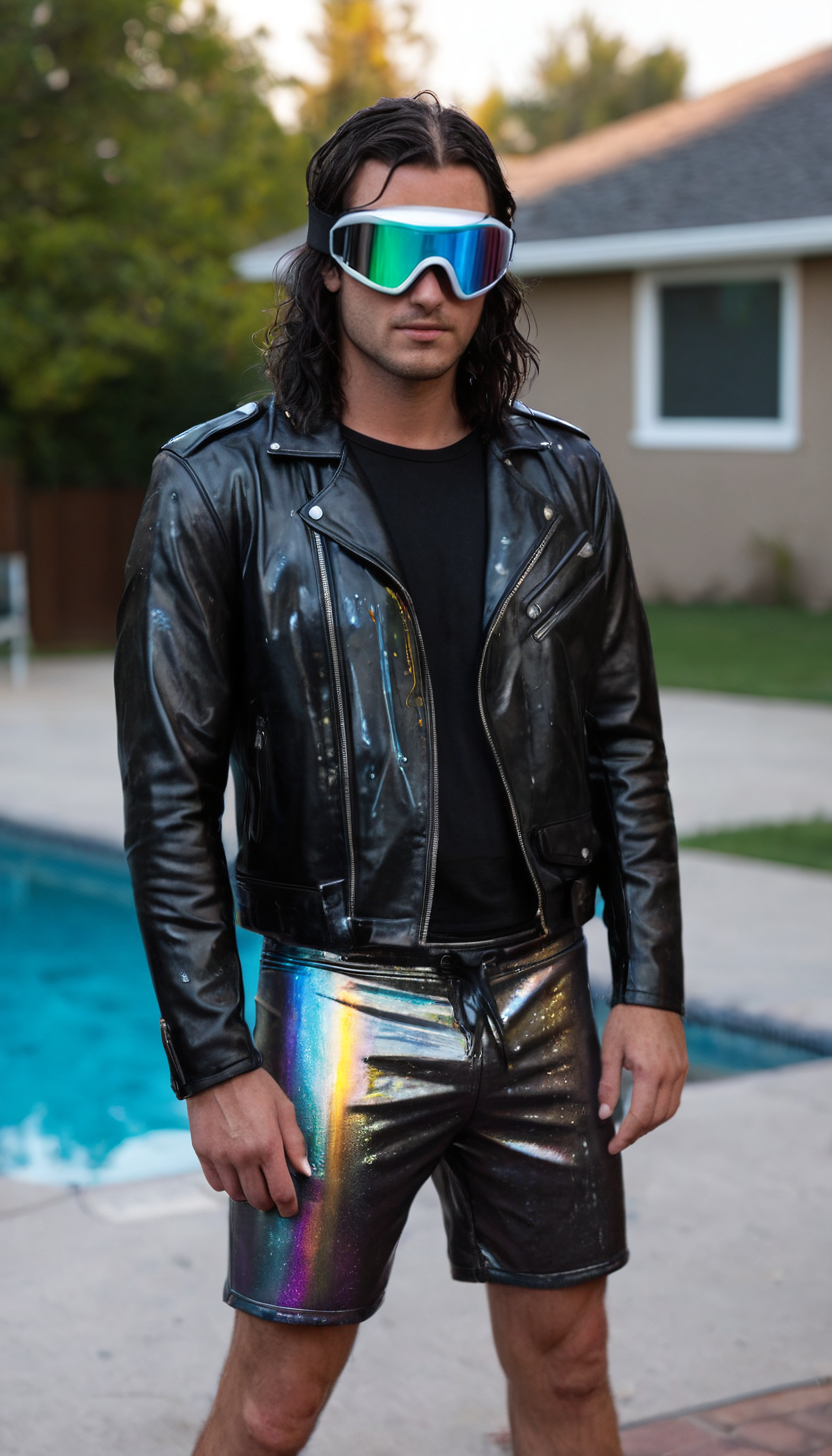 1man with long shoulder length wet dark hair, tight black leather motorcycle jacket, standing next to a pool in the backyard, wearing iridescent loose swim trunks shorts, holographic colors catching in soft focus, (iridescent goggles), arm support, looking at viewer, flirty, background blur capturing suburban stillness, Canon 50mm lens, cinematic depth,