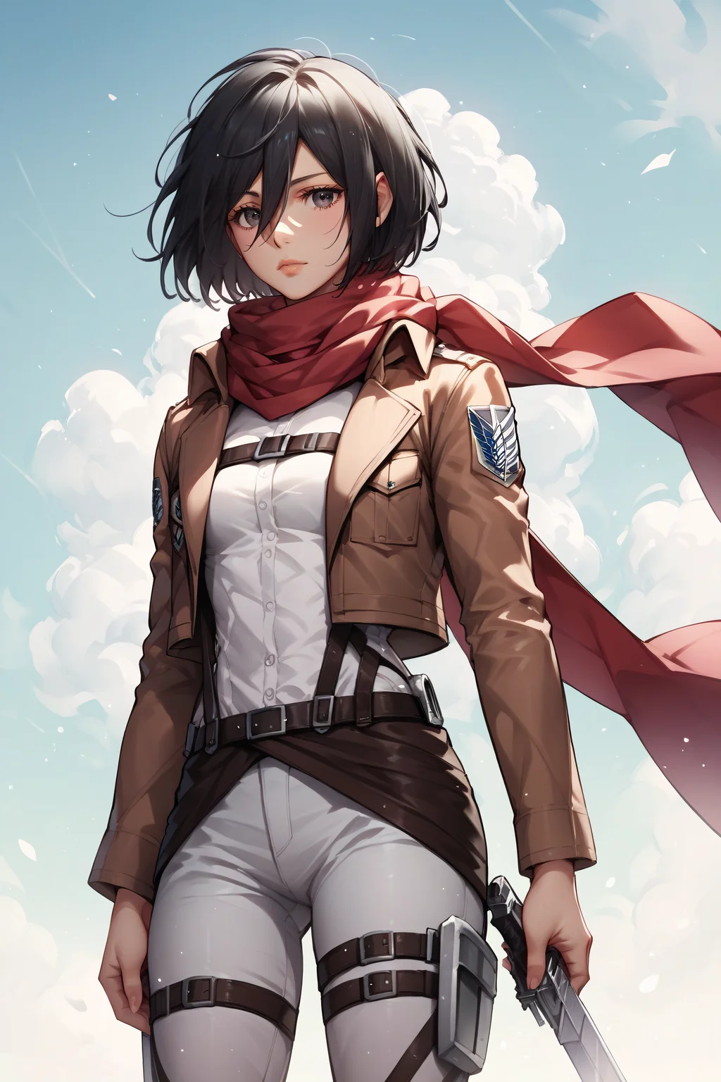 score_9, score_8_up, score_7_up, score_6_up, score_5_up, score_4_up, <lora:mikasa ackerman-PonyXL:0.8> mikasa ackerman, black eyes, black hair, short hair, white shirt, thigh strap, open cropped brown jacket, red scarf, white pants, survey corps \(emblem\), boots, standing,