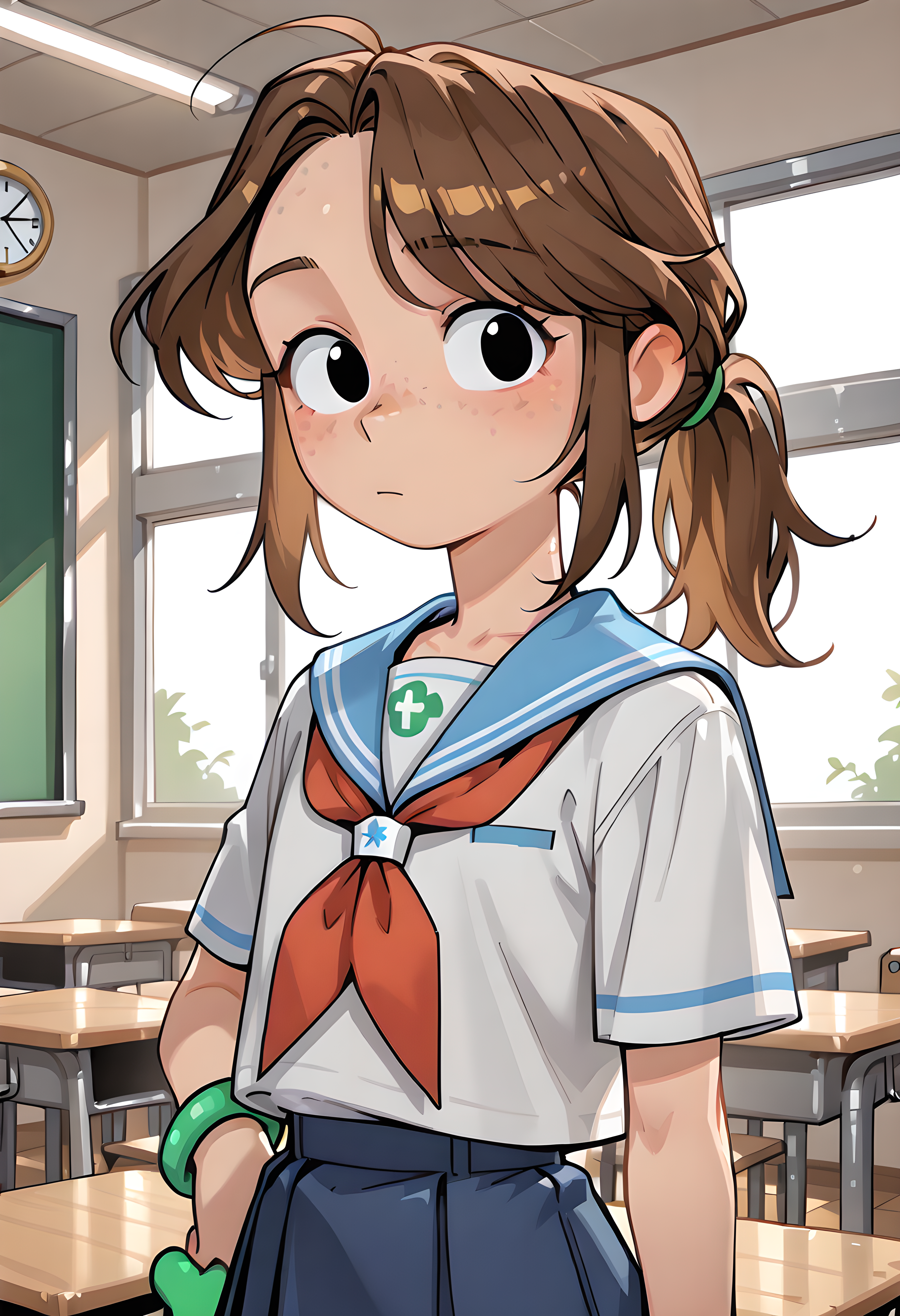 ,,a cute cartoon woman ,, solo, brown hair, ,ponytail,charlotte,black eyes,<lora:Charlotte_emily_ill:1>,green shiny bracelet on left arm,flat chest,green clip,,,,cinematic lighting, dark, high resolution, 2k resolution:1.0, 1girl ,school uniform,short skirt,,classroom,detailed background , school uniform,short skirt,very young girl,, (portrai shot, upper body)
