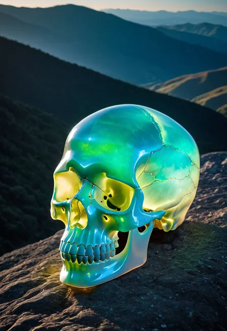Fujifilm XT3, Sony A7 IV, (award winning photography) a translucent skull made of opal set on a stone ledge in the early morning light, glistening. in the background beautiful valleys, divine iridescent glowing, opalescent textures, volumetric light, ethereal, sparkling, light inside body, bioluminescence, studio photo, highly detailed, sharp focus (highest quality: 1.39) (highest coherency: 1.39) (award winning photography), highly detailed photography, (muted colors, cinematic, dim colors, soothing tones:1.2), vibrant, insanely detailed, hyperdetailed, (dark shot:1.2), (vsco:0.3), (intricate details:0.9), (hdr, hyperdetailed:1.2) (vignette), sss