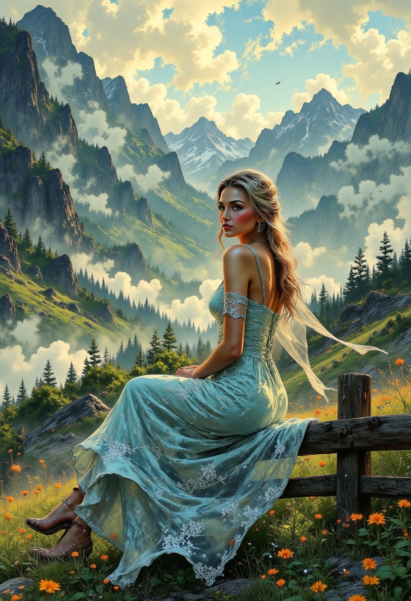 New Zealand Mountain Valley – Pastel Sky Blue Dress
A serene young woman sits on a rustic wooden fence overlooking a vast, untouched valley in New Zealand, where wildflowers bloom beneath towering mountains. She wears a pastel sky blue dress with delicate lace details, its soft fabric swaying in the fresh mountain air. A sheer, flowing white curtain drapes from a wooden post nearby, fluttering gently as the sun casts a golden glow over the landscape. The distant sound of a waterfall and chirping birds enhances the feeling of peaceful isolation.