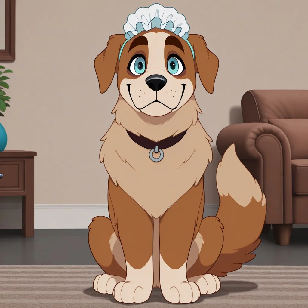 Nana(PP), Solo, 1girl, feral, dog, Saint Bernard, brown and tan fur, blue eyes, floppy dog ears, bushy dog tail, black nose, nursemaid hat, black collar, full body, looking at viewer, standing, smile, living room background,