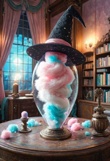 masterpiece, best quality, high resolution, absurdres, ultra-detailed, intricate details, ultra detailed, 8k, highly detailed, very aesthetic, professional 4k, Canon 5d mark 4, extremely detailed, very_detailed, high_detail, sharp focus, clean lines, perfect anatomy, realistic style,
witch girl, cottoncandy witch hat,
fantasy castle interior, library,
film grain, cinematic, colorful, moody lighting, natural light, soft light, depth of field, bokeh, light particles, backlight, chiaroscuro, refraction, subsurface scattering