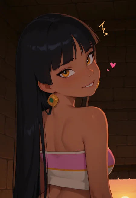 masterpiece, best quality, cinematic lighting, amazing quality, very aesthetic, absurdres, best quality, 4k, upscale, melanch0ly, hearts, detailed pupils, well drawn eyes,
chel, portrait, crop top, looking at viewer, smile, cute, looking back, head tilt, ^^,
bedroom, sunrise, dark lighting, warm lighting, front view,
<lora:Chel_IL:0.8>