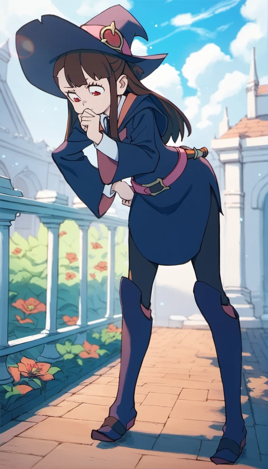 score_9,score_8_up,score_7_up,
<lora:AtsukoKagari:0.9>,akkokagari,
1girl,solo,brown hair,long hair,bangs,short ponytail,red eyes,pondering,looking down,witch hat,witch short robe,white collar,pink belt with wand hanging on it,witch knee boots,full body,standing,leaning forward,right hand on hip,left hand on chin,
blurry background,outdoors,bloom,light particles,lens flare,cloud,cityscape,magic academy,castle,garden,courtyard,