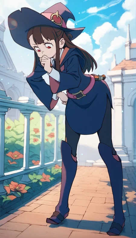 score_9,score_8_up,score_7_up,
<lora:AtsukoKagari:0.9>,akkokagari,
1girl,solo,brown hair,long hair,bangs,short ponytail,red eyes,pondering,looking down,witch hat,witch short robe,white collar,pink belt with wand hanging on it,witch knee boots,full body,standing,leaning forward,right hand on hip,left hand on chin,
blurry background,outdoors,bloom,light particles,lens flare,cloud,cityscape,magic academy,castle,garden,courtyard,