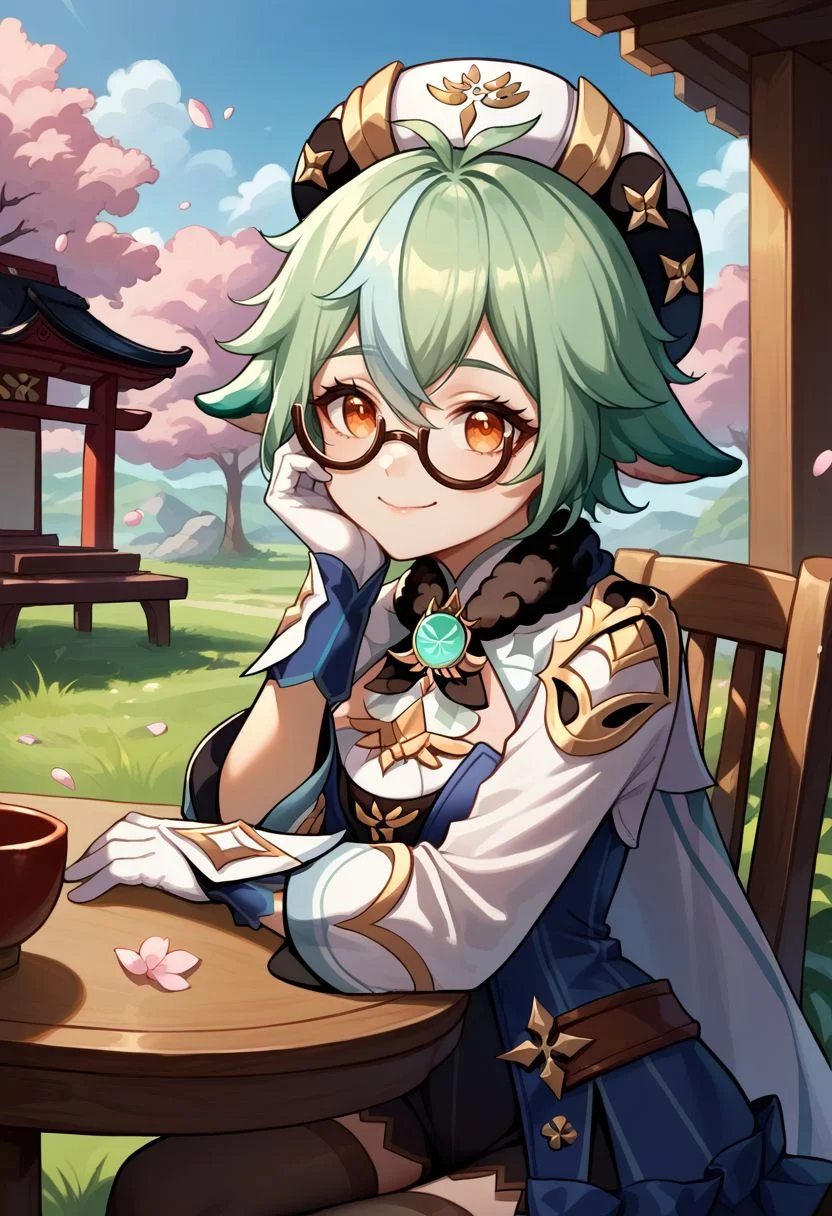 score_9, score_8_up, score_7_up, source_anime, 1girl, sucrosedef, orange eyes, green hair, multicolored hair, hair between eyes, long hair, ponytail, animal ears, glasses, semi-rimless eyewear, hat, beret, fur collar, vision (genshin impact), blue dress, gold trim, cape, long sleeves, white gloves, garter straps, black thighhighs, knee boots, white footwear, sitting, chair, table, head rest, elbow rest, smile, closed mouth, looking at viewer, outdoors, cherry blossoms, shrine, portrait, close-up, upper body, facing viewer, <lora:Sucrose_v1-000010:1>