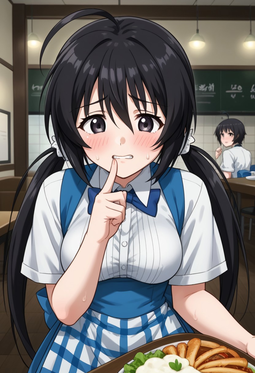 1girl, solo, pov, sakuragihiyorivgrebirth, black hair, long hair, low twintails, ahoge, black eyes, waitress, indoors, restaurant, nervous, standing, cowboy shot, shushing, finger on lip, teeth, sweating,