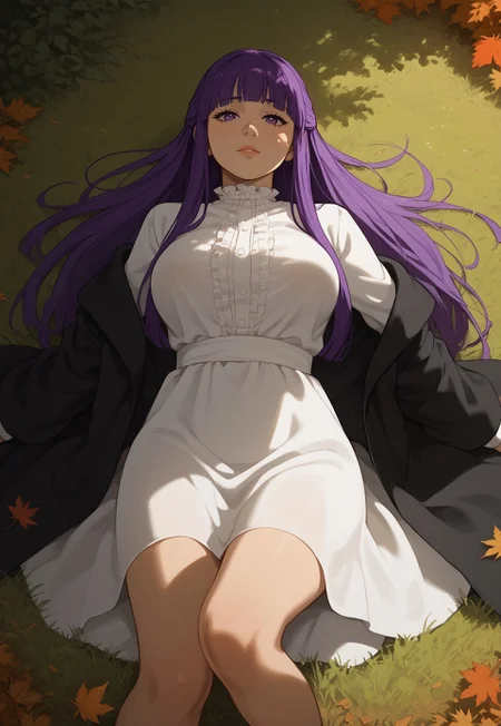 safe_pos, score_9,score_8_up,score_7_up,score_6_up,score_5_up, masterpiece, best_quality, ultra-detailed, from above, face focus
BREAK
1girl, solo, fern \(sousou no frieren\), large breasts, long hair, purple hair, half updo, blunt bangs, purple eyes, sitting on floor rug, open robe, long dress, leaning back, seductive look, aroused, horny, knee up, bare feet
BREAK
grass, autumn leaves, tree roots, rocks, dappled sunlight, shadows across face