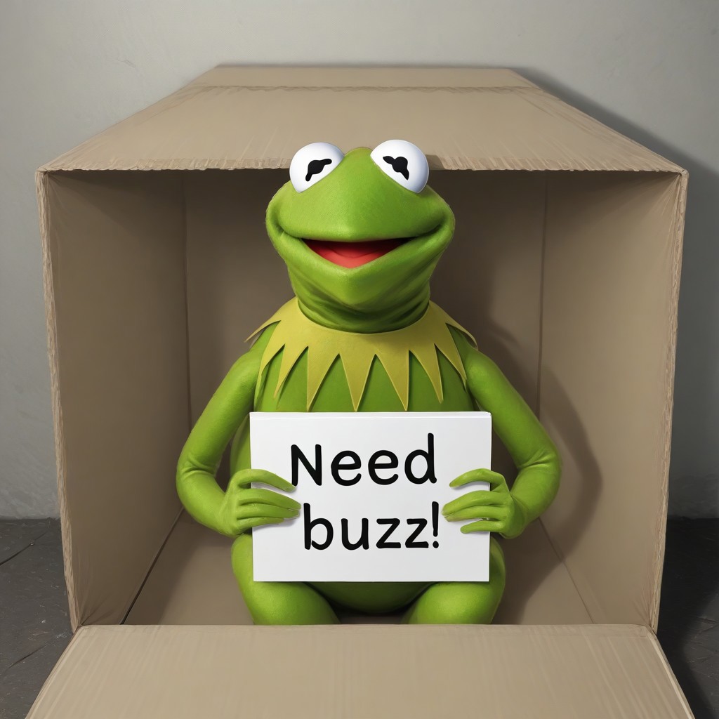 Kermit The Frog, Green Puppet, need_buzz, holding sign, inside box, homeless