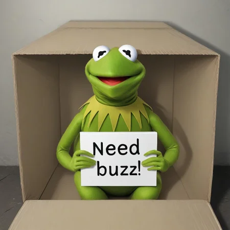 Kermit The Frog, Green Puppet, need_buzz, holding sign, inside box, homeless