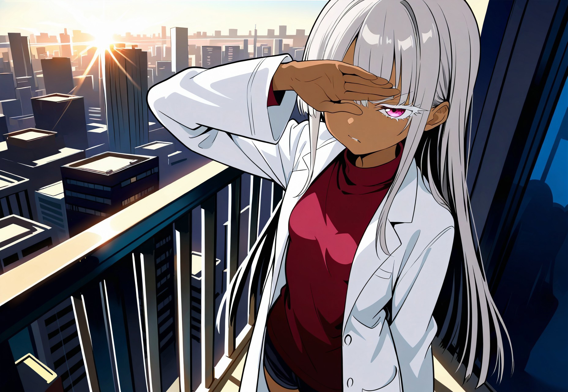 safe_pos, safe_pos, masterpiece,best quality,amazing quality,  Anime stil, Anime Screenshot, Anime art, anime colors, small breast, , 1girl
'
masterpiece, absurd, long straight hair, completely ash-gray hair, clear lightreddish pink eye, slim, petite, , small stature, small breast,  ultra detailed eyes,  side bangs, her left eye covered by hair, white eyelashes, white eyelashes, tanned, white lab coat,

Standing on balcony, holding hand over eyes, squinting, glaring sunlight, city in background, red shirt, looking over balcony