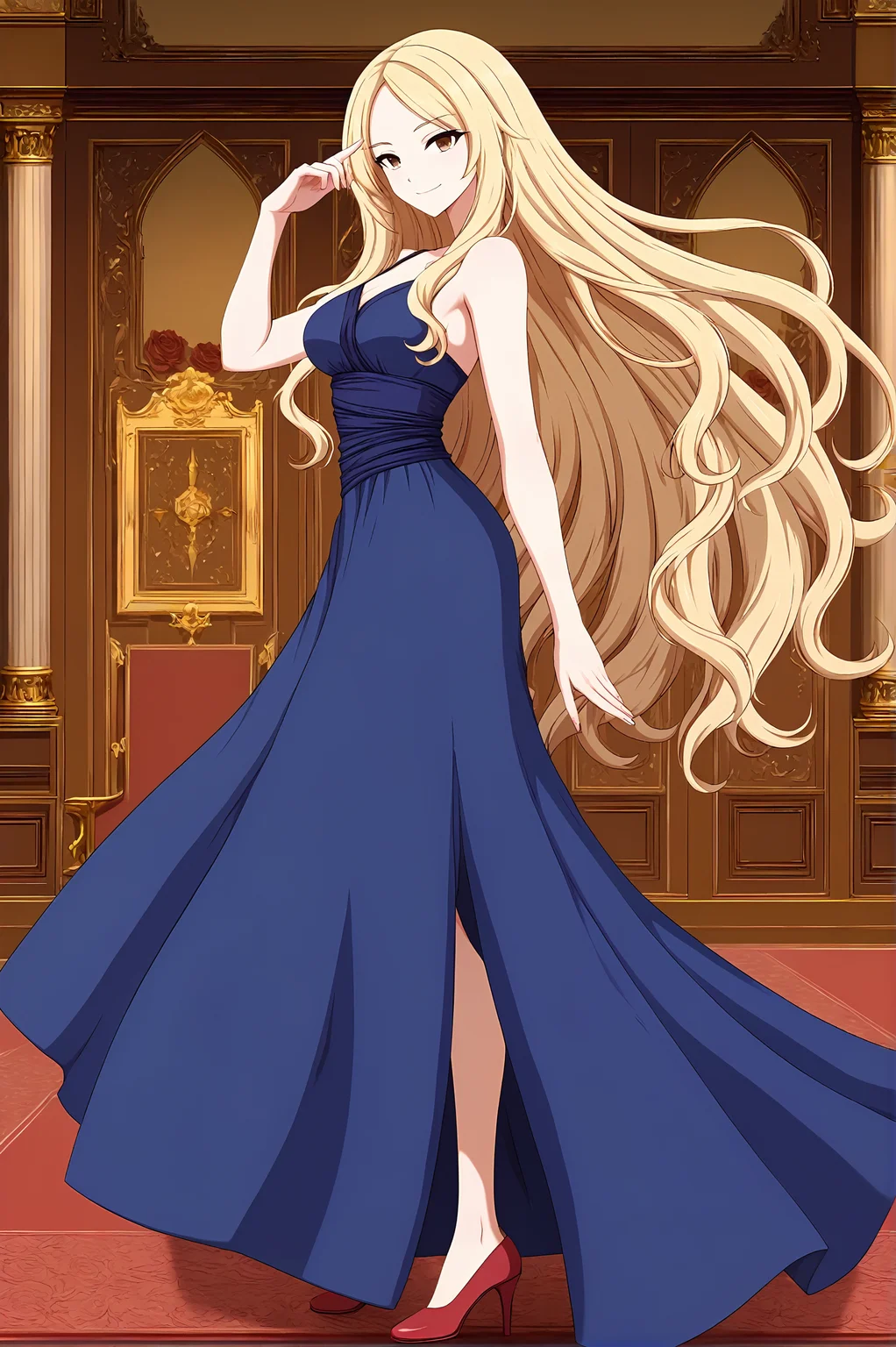 score_9,
<lora:hatomame_v2_pruned:0.8>,
intricate,
1girl, long dress, blue dress, medium breasts, indoors, red carpet, long hair, brown eyes, blonde hair, straight hair,
from side, looking at viewer, smile, rose,
flowing hair,
high resolution, Masterpiece