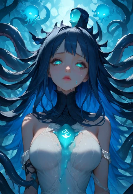score_9, score_8_up, score_7_up, source_anime, 
score_9, score_8_up, score_7_up, score_6_up, score_5_up, score_4_up, 8k, extremely high definition, dramatic lighting, masterpiece,bestquality, extremely detailed, gloomy background,  treacherous mountains, outdoors, extremely detailed background, apocalypse, (dim lighting:1.2), eldritch world background,
BREAK
((((cyan glowing star bloody eldritch horror eye)))) floating in void, face focus, perfect face, super idol face, pretty, 1 eldritch goddess, elegant beautiful massive tree monster, (((runic patterns on body))), covered in slime, rubbing tears with hands, weeping, tears, crying, frantic vine tentacles crawling, ringed eyes, third eye, 
BREAK
karma hellfire, brimstone rain, redemption, slime-morph, Expressiveh