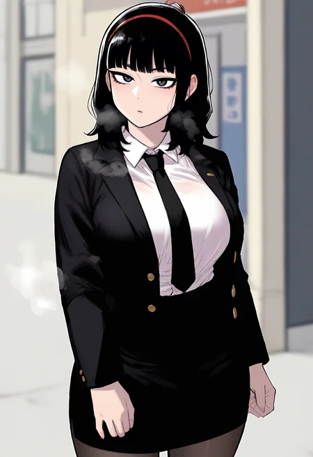 score_9, score_8_up, score_7_up, score_6_up, source_anime, rating_explicit, 1girl, solo, huge breasts, <lora:Seol Hyo-rim prefectPonyxl:0.85> black hair, grey eyes, black eyes, medium hair, red hairband, blunt bangs, black necktie, black jacket, collared shirt, white shirt, pencil skirt, black skirt, black pantyhose, expressionless, Narrow shoulders, heavy breathing, steaming body, street, outdoors, looking at viewer