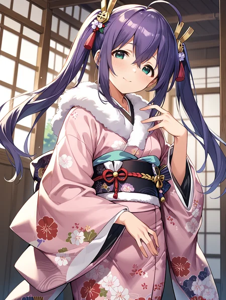 score_9,score_8_up,score_7_up,
official art,official style,game cg,megami magazine,
uncensored,
1girl,solo,
mochizuki anna,purple hair,green eyes,ahoge,long hair,twintails,
japanese clothes,obi,obijime,obiage,kimono,fur-trimmed kimono,fur trim,wide sleeves,
<lora:idolmaster_mochizuki_anna_pony_v1.1-000006:1>,