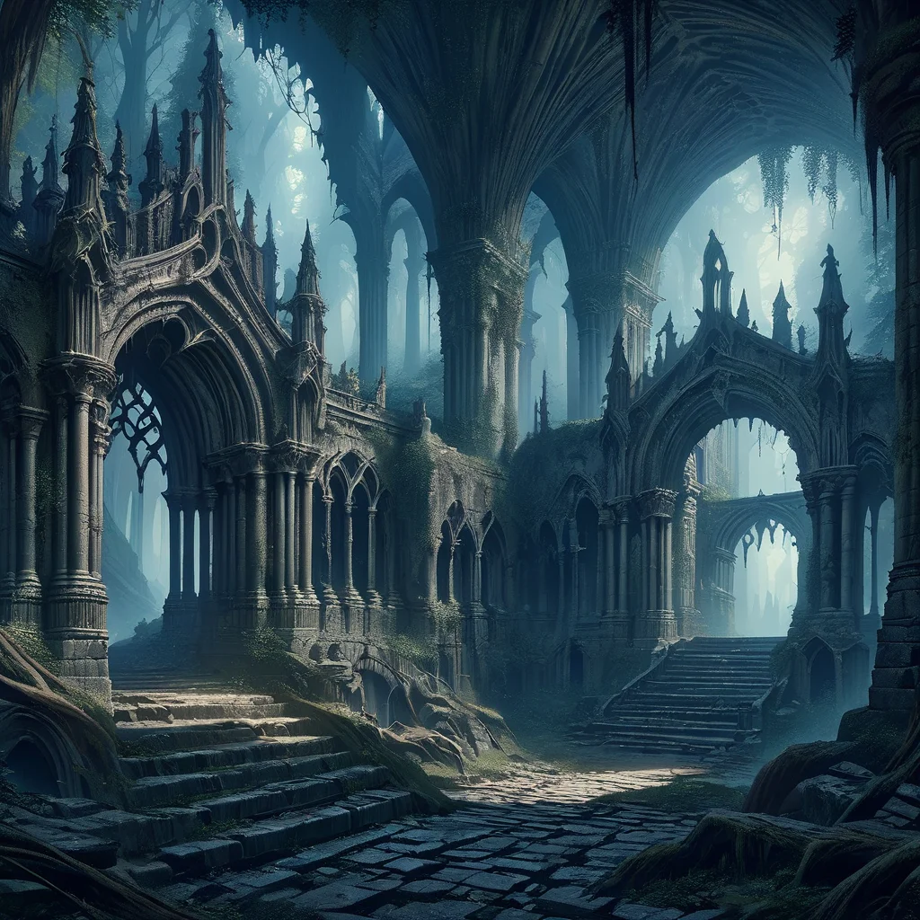 masterpiece,high resolution,detailed,
gothicstyle, scenery, tree, stairs, forest, nature, ruins, solo, pillar, arch, outdoors
, <lora:Ghotic_haunted_world:0.8>