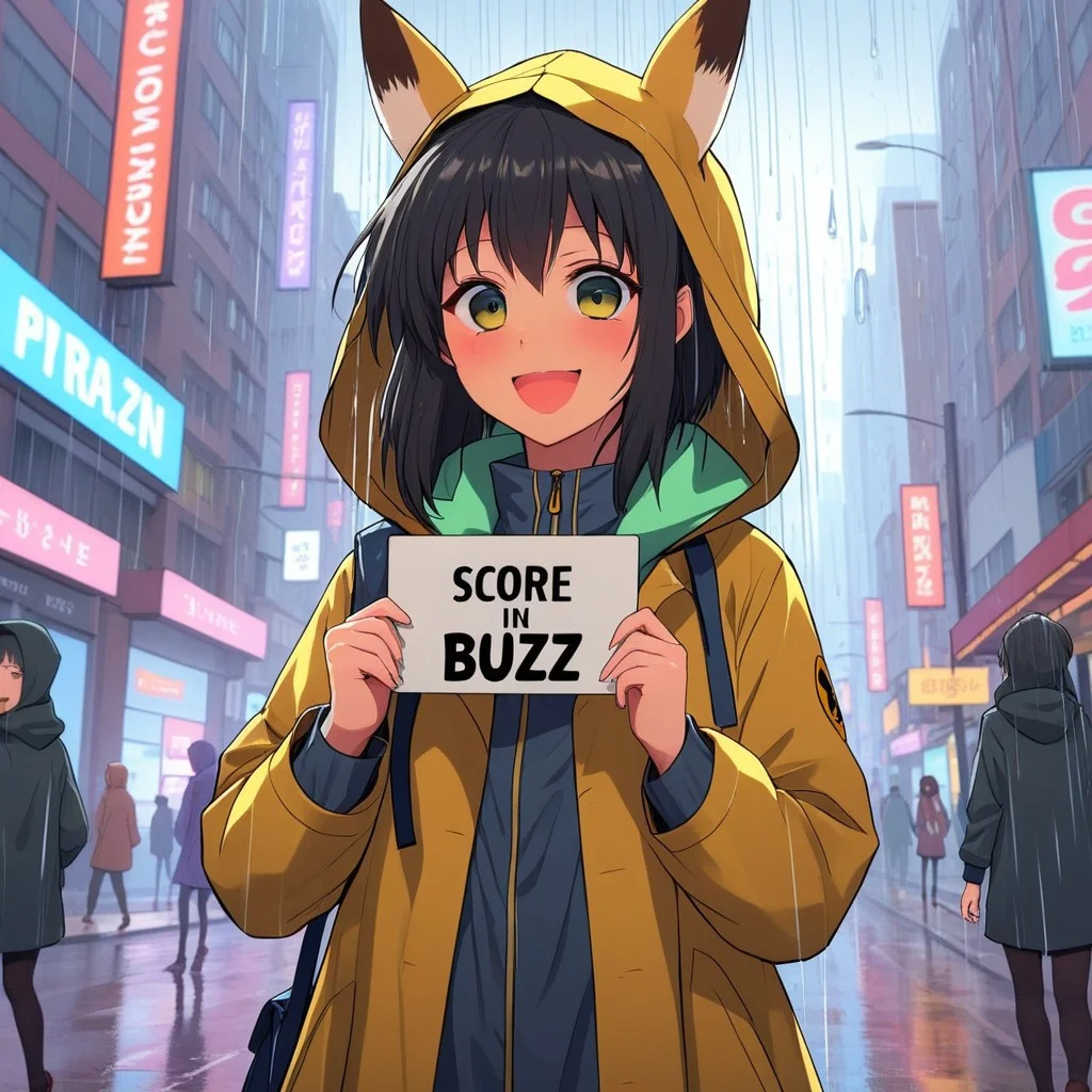 masterprice, score_8_up, score_8, score_9, cybeprunk city, city street, future, an anime girl in the raincoat, holding sign some buzz, colored shadows on face, buzz, rain, wet face