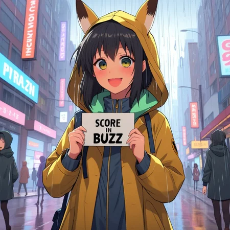 masterprice, score_8_up, score_8, score_9, cybeprunk city, city street, future, an anime girl in the raincoat, holding sign some buzz, colored shadows on face, buzz, rain, wet face