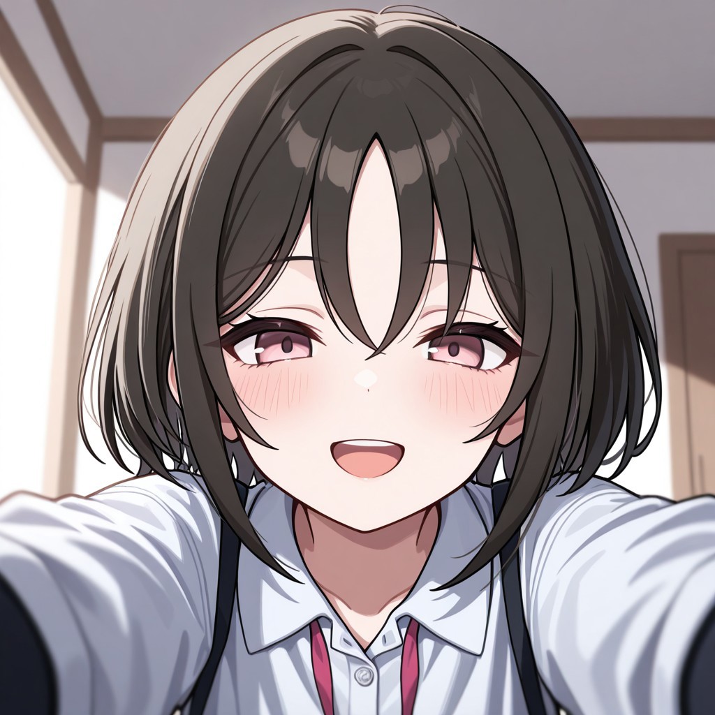 masterpiece, best quality, 32k, high resolution, absurdres, imashino misaki, POV, looking at viewer, blush, smile, open mouth, upper teeth only