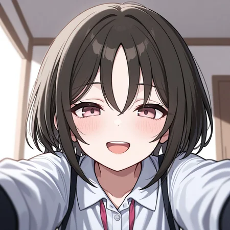 masterpiece, best quality, 32k, high resolution, absurdres, imashino misaki, POV, looking at viewer, blush, smile, open mouth, upper teeth only