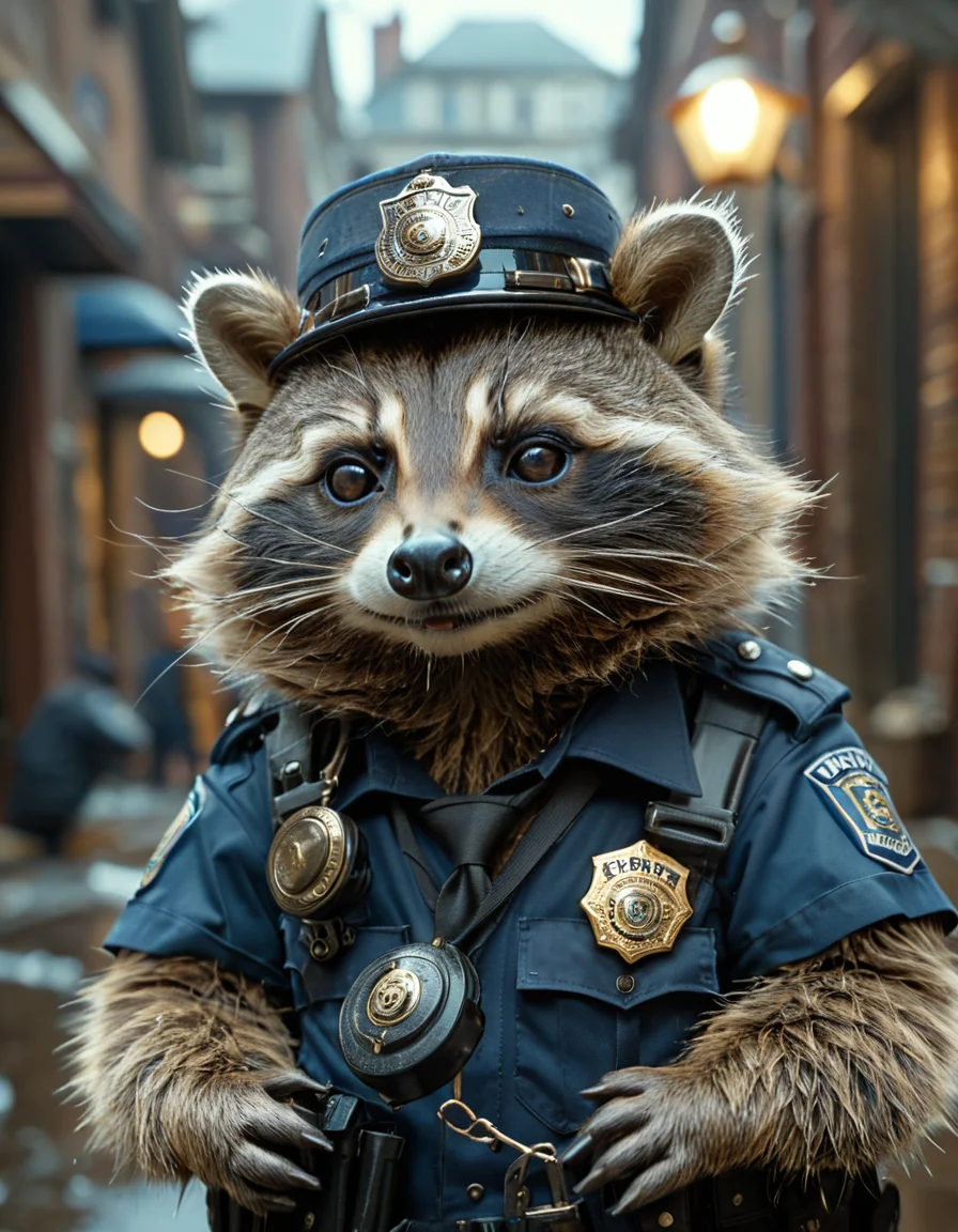 cinematic still racoon working as police officer, police hat, ghetto . emotional, harmonious, vignette, 4k epic detailed, shot on kodak, 35mm photo, sharp focus, high budget, cinemascope, moody, epic, gorgeous, film grain, grainy, racoon working as police officer, police hat, ghetto, highly detailed, cinematic, full intricate, rich colors, beautiful, sharp focus, winning, light, atmosphere, excellent composition, dynamic dramatic, aesthetic, very inspirational, charming, pretty, confident, color, fine detail, clear, artistic, smart, professional, varied, appealing, loving, brave, generous, vibrant