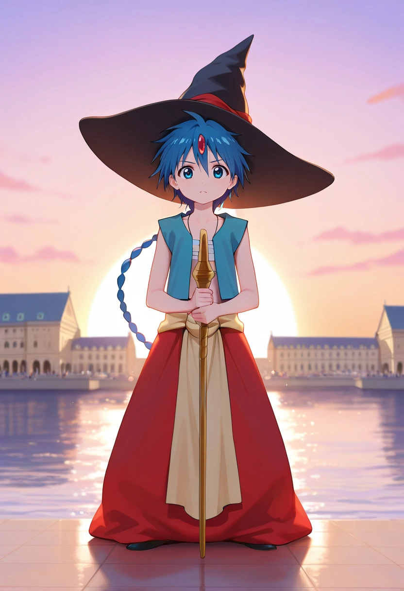 masterpiece, best quality, , , looking at viewer, 1boy, solo, male focus, <lora:aladdin_magi_ilxl:0.94>, aladdin_magi, blue hair, blue eyes, long hair, braid, single braid, , , , , , staff, hat, witch hat, Sydney Opera House, Australia, harborfront, iconic sails, standing pose, inspired expression, afternoon light,