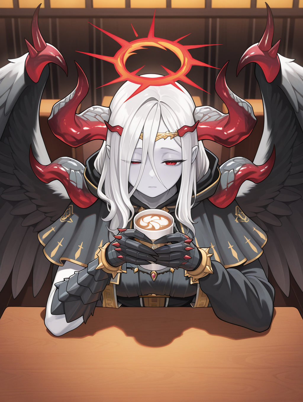 fallen angel, condemned darklord, cup, solo, 1girl, white skin, sitting, indoors, restaurant, table, half-closed eye, red halo, holding cup, gold circlet, black gloves, black feathered wings, black dress, black capelet,
masterpiece,best quality,amazing quality,very aesthetic,absurdres,newest,<lora:Condemned Darklord illuXL v1.1:0.75>,
