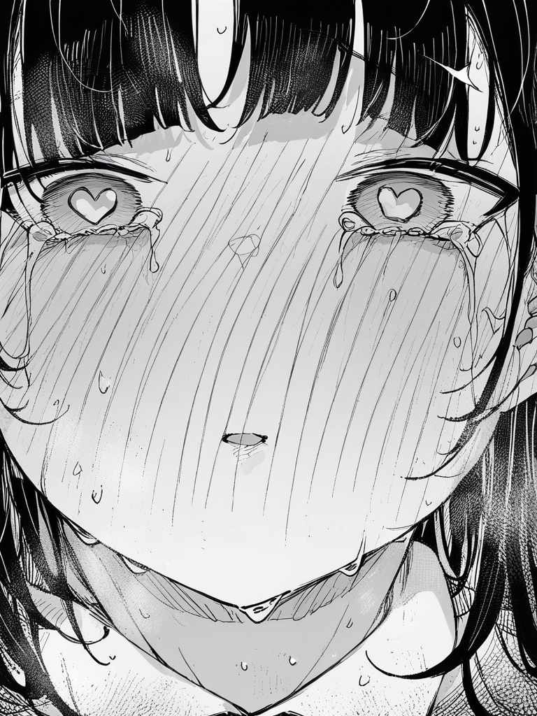 score_9, score_8_up, score_7_up,  
1girl,  monochrome, black hair, long hair, close-up, face, heart shaped pupils, tears, parted lips, full face blush, looking at viewer, white background,