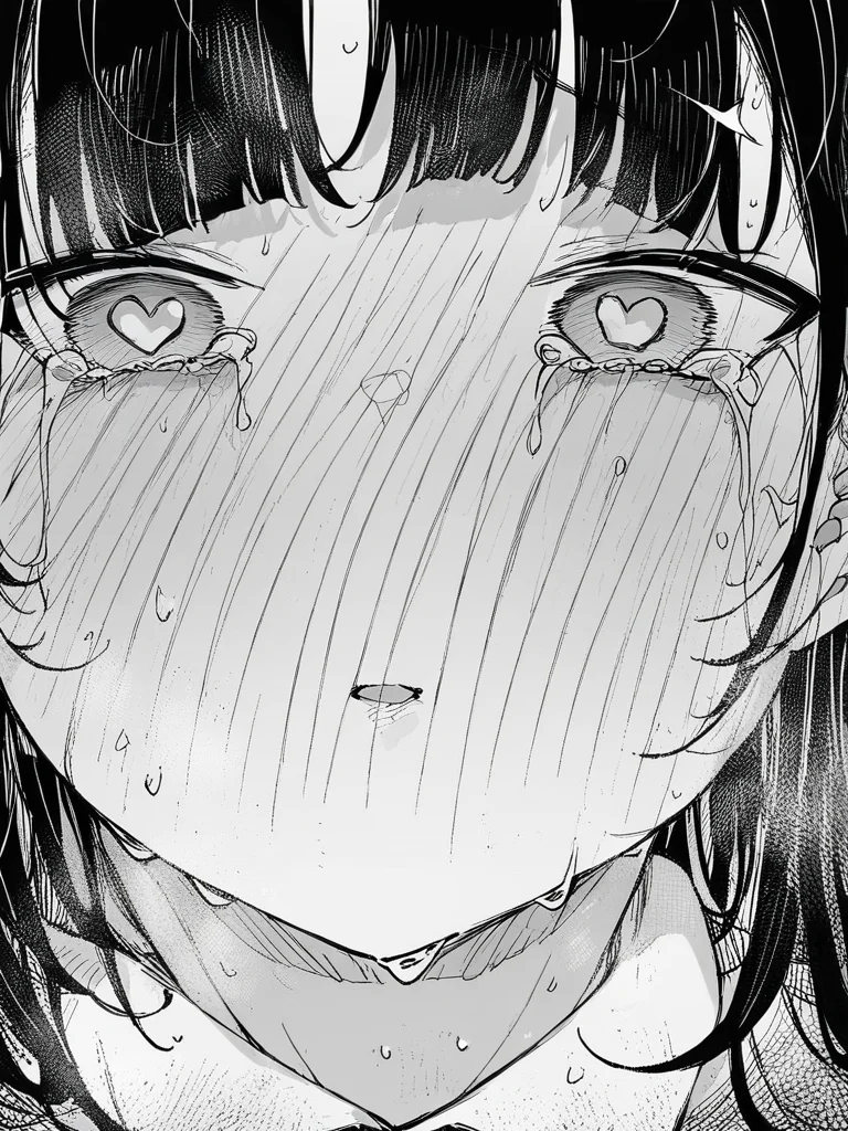 score_9, score_8_up, score_7_up,  
1girl,  monochrome, black hair, long hair, close-up, face, heart shaped pupils, tears, parted lips, full face blush, looking at viewer, white background,