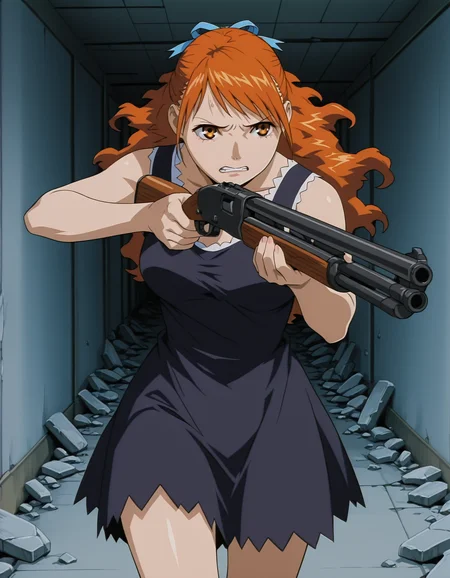 <lora:momomi-illustrious-000020:1> momomi, hair ribbon, sleeveless dress
furrowed brow, clenched teeth,
1girl, solo, aiming, shotgun, hallway, rubble, cowboy shot, masterpiece, best quality