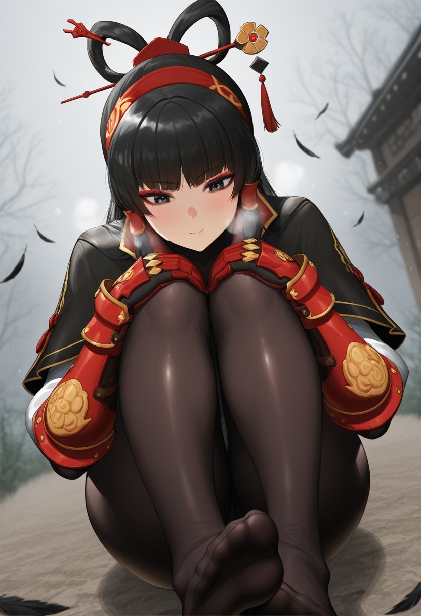 greembang, outdoors, undershirt, falling feathers, black bodysuit, hair stick, hugging knees, knees to chest, gauntlets, eyeshadow, red gloves, two sides up, black capelet, red hairband, black eyes, 1girl, solo, feet, visible breath, dynamic angle, foreshortening, smell, steam,