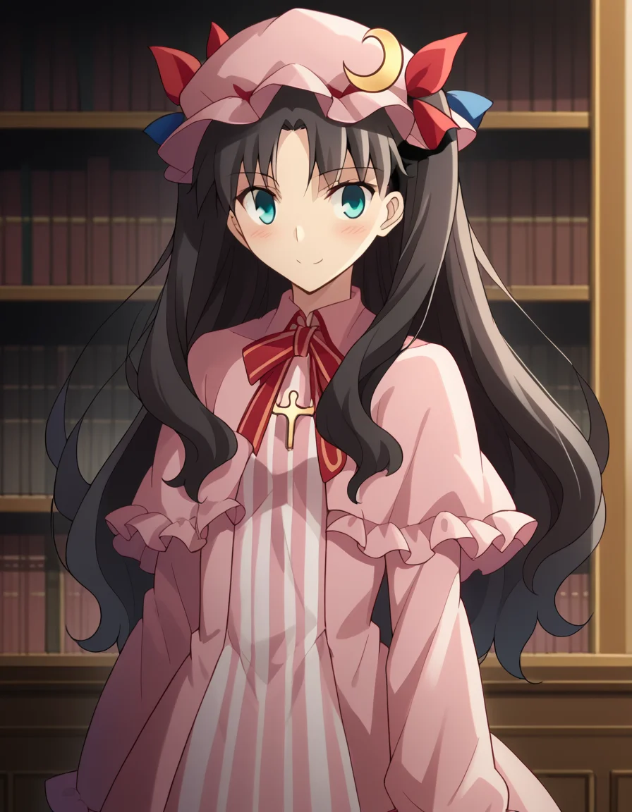 score_9, score_8_up, score_7_up, source_anime, rintohsaka, <lora:rin-tohsaka-ubw-ponyxl-lora-nochekaiser:1>, rin tohsaka, aqua eyes, black hair, hair ribbon, long hair, ribbon, sidelocks, two side up, parted bangs,, <lora:patchouli-knowledge-cosplay-ponyxl-lora-nochekaiser:1>, patchouliknowledgecosplay, patchouli knowledge \(cosplay\), blue bow, bow, crescent, crescent pin, dress, hair bow, hat, mob cap, pink dress, pink hat, red bow, capelet, long sleeves, frilled sleeves, frilled capelet, striped clothes, striped dress,, indoors, library, smile, blush,, cowboy shot, dutch angle, solo,