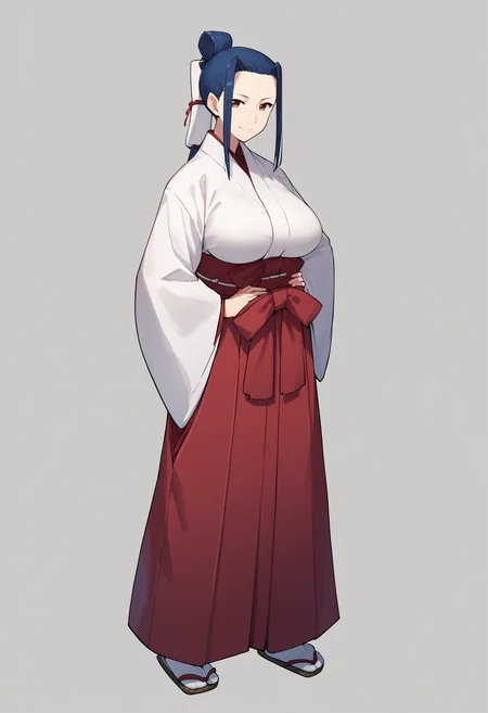 score_9, score_8_up, score_7_up, score_6_up, score_5_up, score_4_up, BREAK, source_anime,
1girl, kokuyou, blue hair, long hair, ponytail, brown eyes, hair bun,
japanese clothes, kimono, large breasts, miko, red hakama skirt, tabi,
hands on hips, smile,full body, solo, looking at viewer, simple background <lora:KokuyouXL:1>