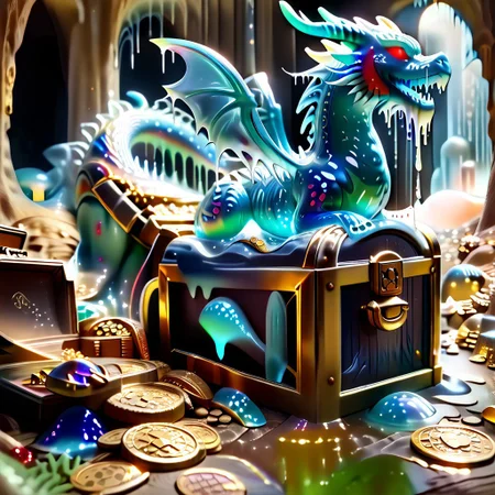 1dragon, highly detailed blue dragon, blue dragon made out of slime, scaly blue slime dragon, slime dragon with red eyes, blue slime dragon laying in its hoard, blue slime dragon with wings, dragon wings, 
multi-colored gems made out of slime, in a room of treasure made out of slime,  gold coins and bars made out of slime, wood-like treasure chest made out of slime, wood-colored slime chest, individual coins made out of slime, gold slime coins, piles of coins, 
treasure-room, treasure, treasure chest, gemstone, coins, gold bars, gold pile, 
everything made of slime, No simple background,
((translucent slime)), ((transparent slime)), (bioluminescent slime), sl1m3, slime, ais-blmn, watce, je11y, thickwater, great lighting, ral-lava, even lighting, no bright spots,