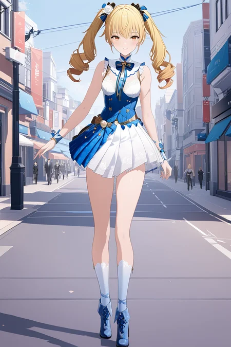 (best quality), ((masterpiece)), (highres),(extremely detailed CG unity 8k wallpaper), 1girl solo with cute face, fenny, fenny starlet, whole body, walking in street, blonde hair, twin drills, <lora:fennyV2:0.9>