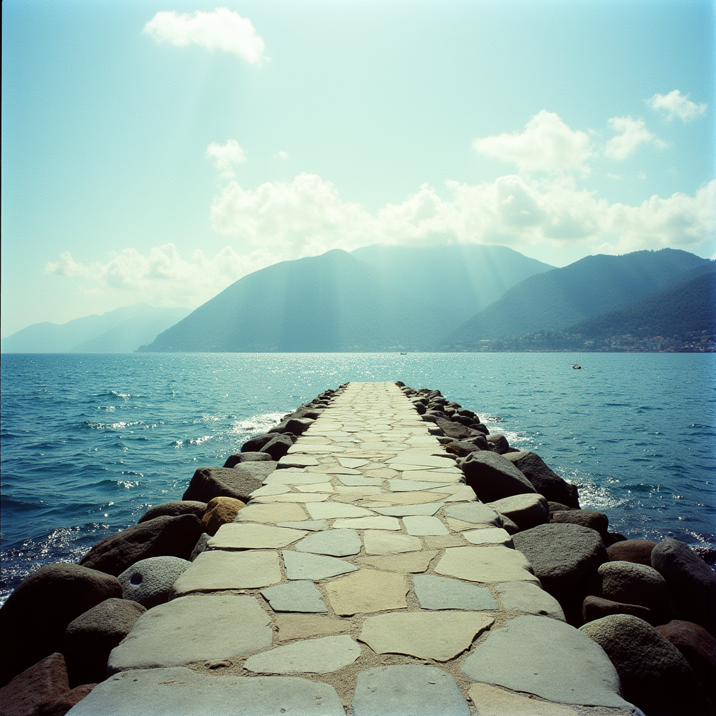 <lora:Kodak Motion Picture Film style v1:1>
Film grain still image of a stone walkway leading to a mountain range,outdoors,sky,day,water,no humans,ocean,scenery,mountain,watercraft,boat , cinematic look, film look, filmic, contrast, detailed, high quality, sharp image, film color, Kodak Motion Picture Film style, different color, different people, different look, different style, 35MM Film, 16MM Film, Photographic film, music video style, artistic style, cinematic style, film granularity, film noise, image noise, artistic effect, Fujicolor, Fuji film, Analog photography, movie style, movie still, Film grain overlay, Film Grain style