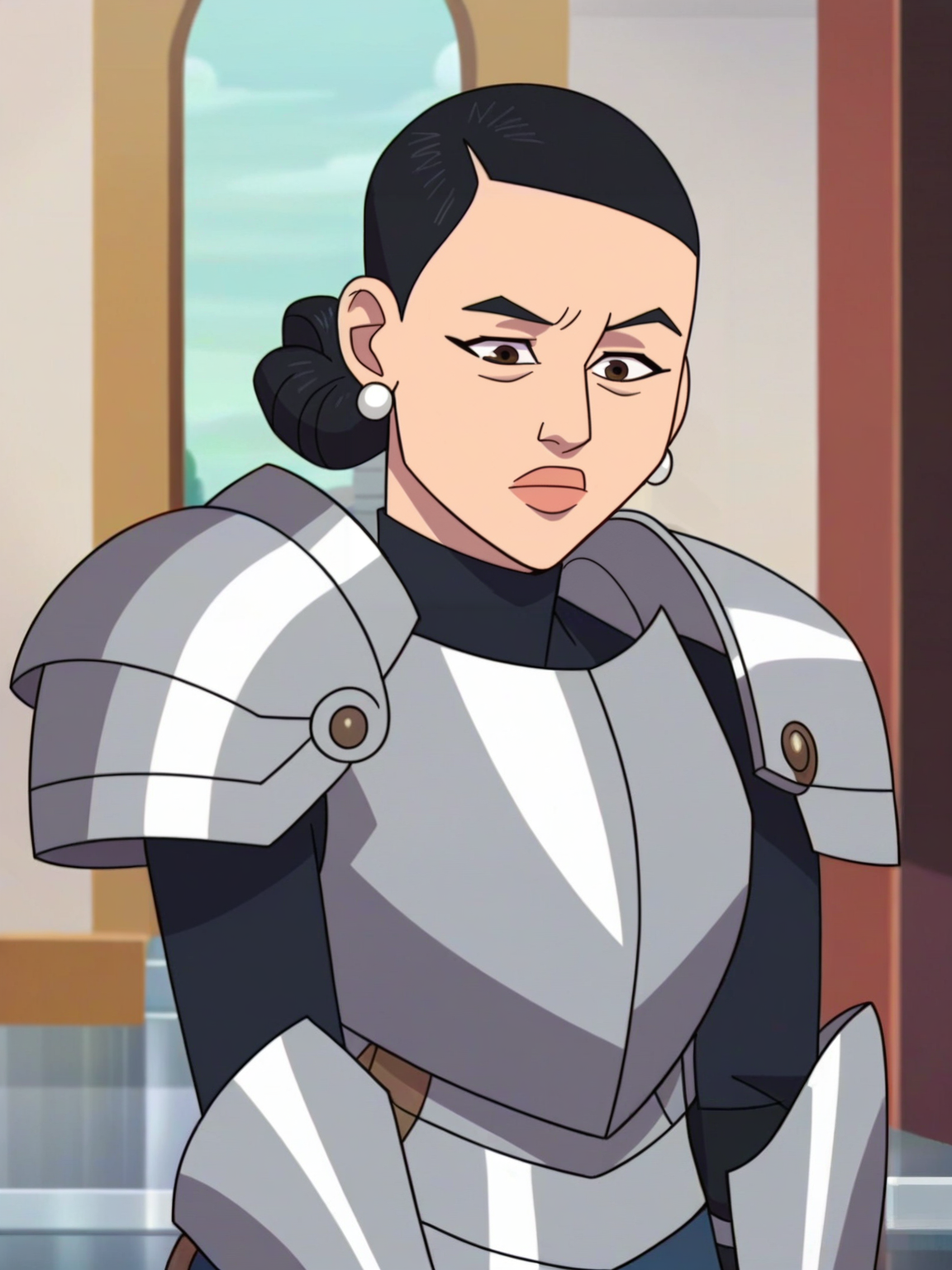 <lora:Debbie_G:0.7> db_gr, 1girl, asian, black bun hair, earrings, wrinkles under eyes, brown eyes,   ((steel knight armor)), castle background, full body, score_9, score_8_up, score_7_up,