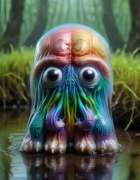 A cute colorful rainbow cthulhu, wildlife photography, in a ral-czmcrnbw swamp, 4K UHD, 8K UHD, High-definition, made of ral-shrnkwrp <lora:ral-shrnkwrp:1>