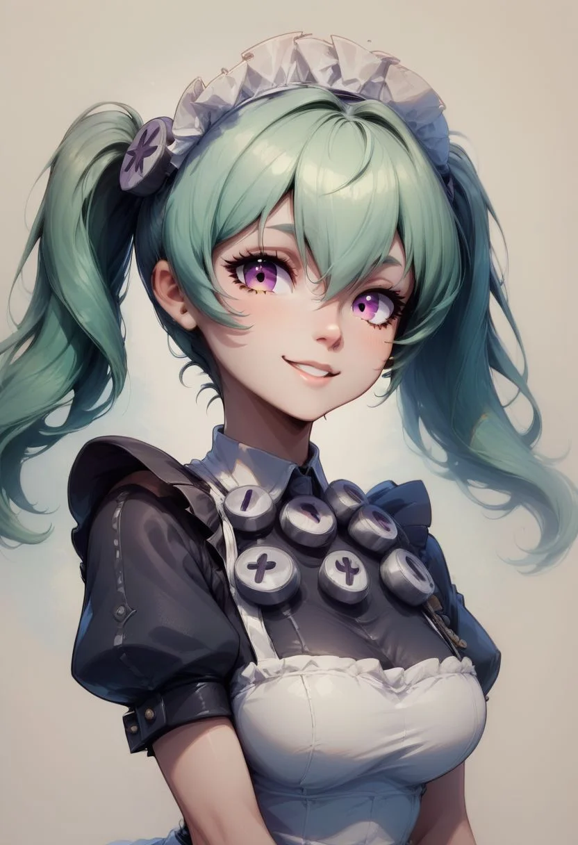 score_9, score_8_up, score_8, big breasts, (curvy), cute, eyelashes,
Faded Headshot, faded bottom, faded edges
head tilt, smile
BREAK,
corin wickes, 1girl, green hair, purple eyes, hair between eyes, twintails, maid headdress, puffy short sleeves, black dress, white apron,
BREAK,, zPDXL,
