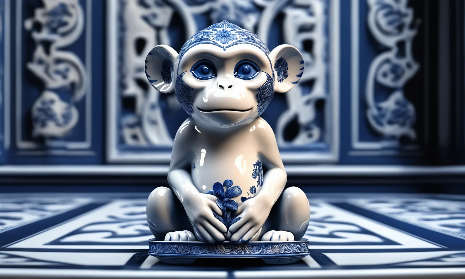 <lora:bwporcelaincd_xl-000007:0.7>, a statue of a monkey standing on a table made of (bwporcelaincd_xl, blue and white porcelain, porcelain:1.2, shiny:1.3, solo:1.3) in office, indoors, full body, chinese zodiac, cutie, cute, still life, animal statue, front view, facing viewer, looking at viewer, (Unbelievable Digital Artwork:1.3), CGSociety, ArtStation, master works, 8K,HDR,UHD,masterpiece,best quality,highly detailed,emotional,harmonious,high budget,moody,epic,gorgeous,high resolution,perfect lighting,finely detail,extremely detailed,ultra detailed,realistic,photorealistic,huge filesize,photographic,real,wallpaper,moody lighting,volumetric lighting,reality ray tracing