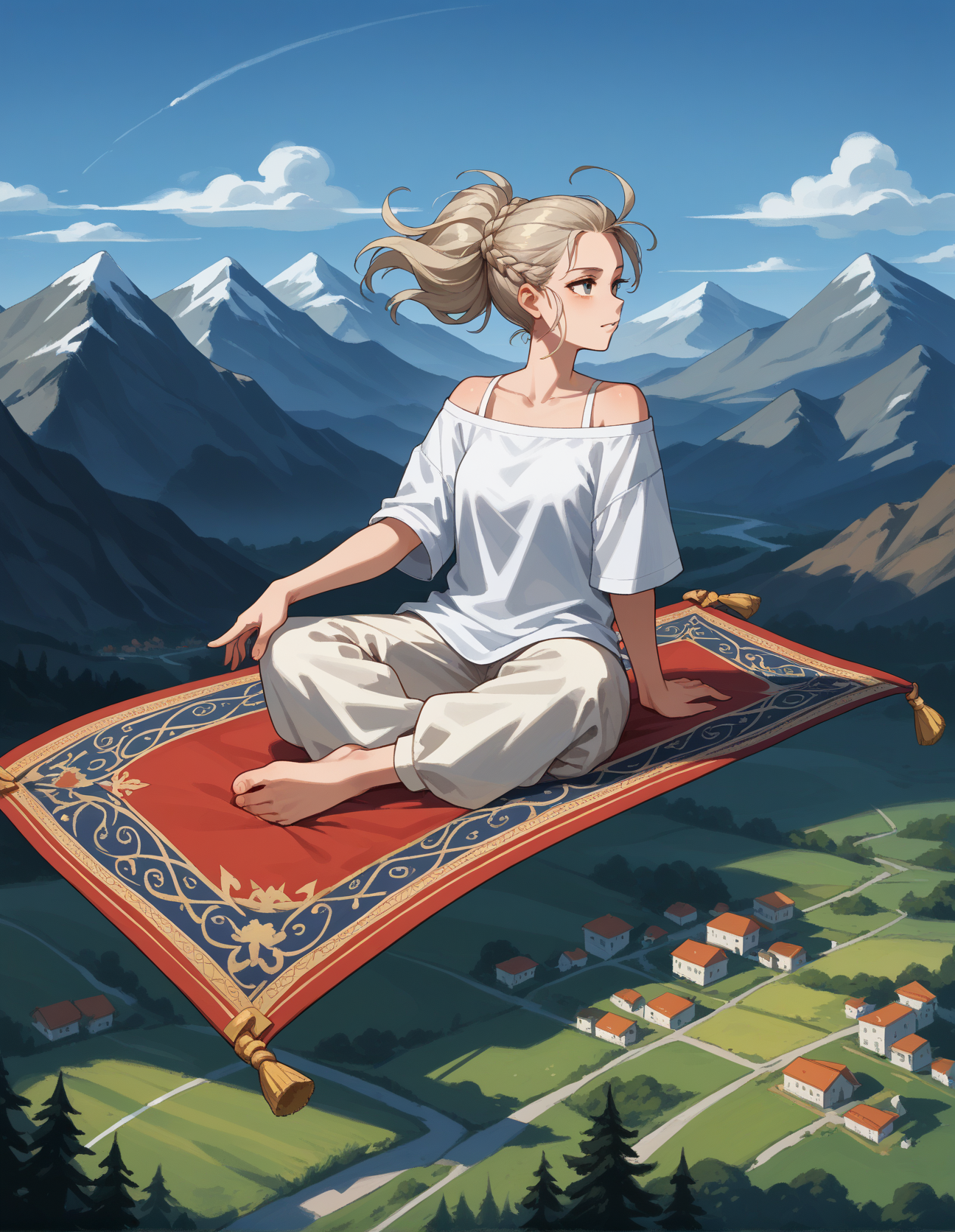 score_9, score_8_up, score_7_up, score_6_up, score_5_up, score_4_up, 1girl, solo, Platinum blonde loose French braid hairstyle ,  Modal , Off-shoulder shirt , gathers, hud_fly1ng_c4rpet, facing viewer, flying, magic carpet, sky, day, mountains <lora:hud_fly1ng_c4rpet_XLP:0.8>