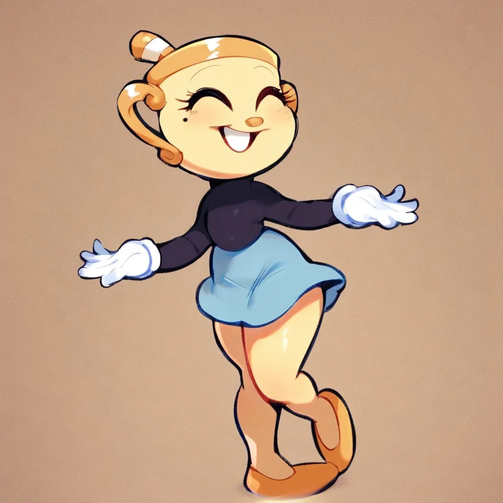 ms. chalice (game), yellow skin, handles, black shirt, long sleeves, white gloves, blue skirt, golden flats,
thighs, 
smiling, happy,
standing, 
1girl, solo, score_6, score_7, score_7_up,