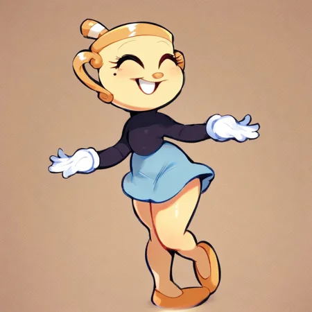 ms. chalice (game), yellow skin, handles, black shirt, long sleeves, white gloves, blue skirt, golden flats,
thighs,
smiling, happy,
standing,
1girl, solo, score_6, score_7, score_7_up,