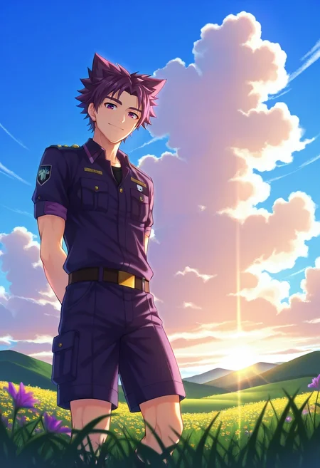 masterpiece, best quality, , semi-realistic, , , 1boy, solo, male focus, <lora:yoichi_yukimura_ilxl:0.92>, yoichi_yukimura, purple hair, purple eyes, short hair, spiked hair, uniform, hill, horizon, grass, wildflower, sunlight, cloud, breeze, from below, wide shot, looking at viewer, gentle smile, arms behind back, morning, shorts,