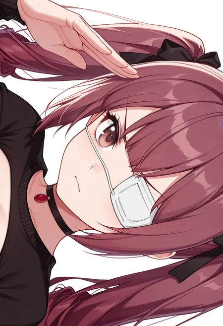 Smooth Quality,masterpiece,very intricate, high quality details, ultra realistic, high detailed skin,detailed enviorement,absurdres,
salute,
<lora:Hanazono_Yurine_CNR:0.8> yurine_cnr, brown hair,very long hair, brown eyes, medical eyepatch, frown, twintails, drill hair,, simple background, white background, sideways,solo,, grimace,, shrug, ,choker sweater, ,godet skirt, ,