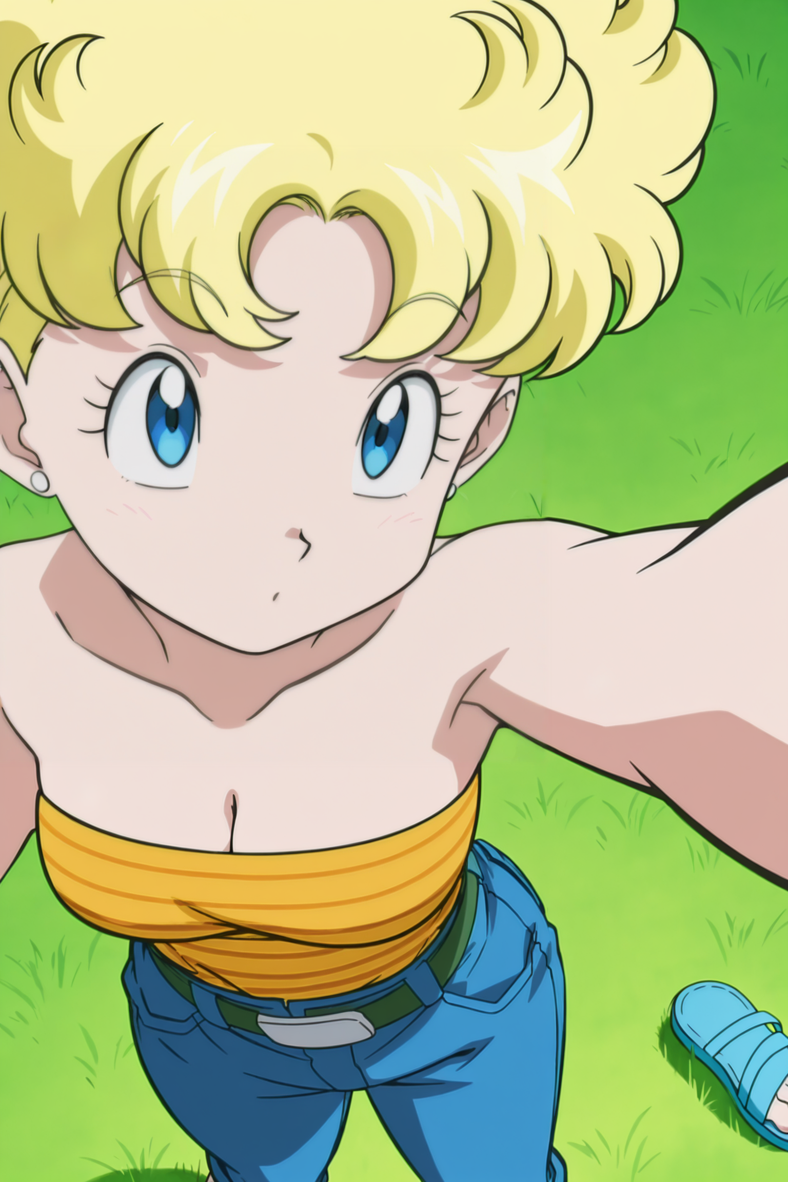 anime screencap, absurdres, high quality, official style, 
panchy, blonde hair, short hair, curly hair, blue eyes, shirt tucked in, tube top, striped shirt, cleavage, strapless, jeans, blue pants,striped, belt, pants, denim, sandals, blue footwear, selfie, from above, grass, 
 <lora:Panchy_IL:0.8>